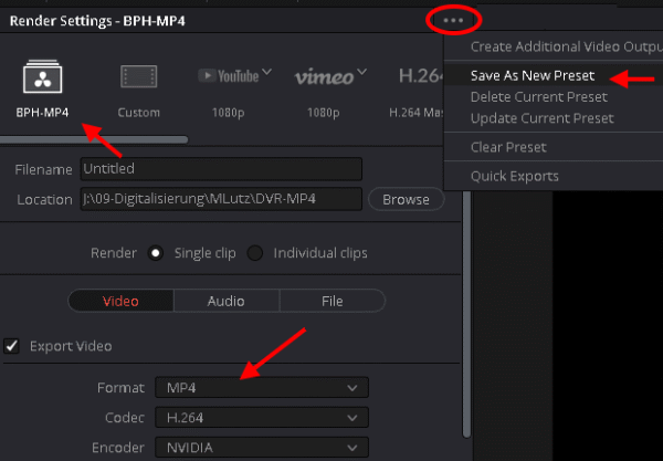 Eigene Export Setting speichern