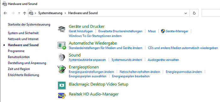 W10-Systemsteuerung-Hardware und Sound